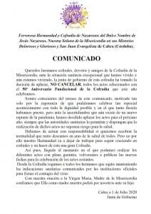 Aplazados los actos del aniversiario de la Hermandad de la Misericordia